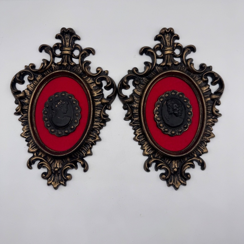 Vintage 1972 LS Cameo Wall Decor Pair Red Velvet Gold Ornate Hollywood Regency
